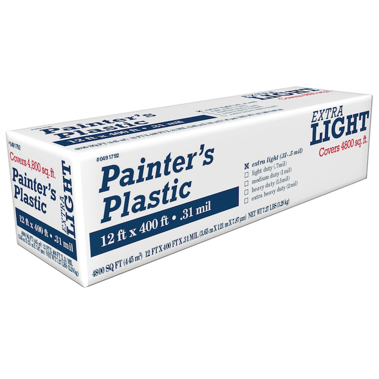 The Go Build 12 ft. x 400 ft. 0.31 mil clear plastic sheeting covers up to 4,800 sq. ft., labeled EXTRA LIGHT, and is ideal for painting or surface protection.